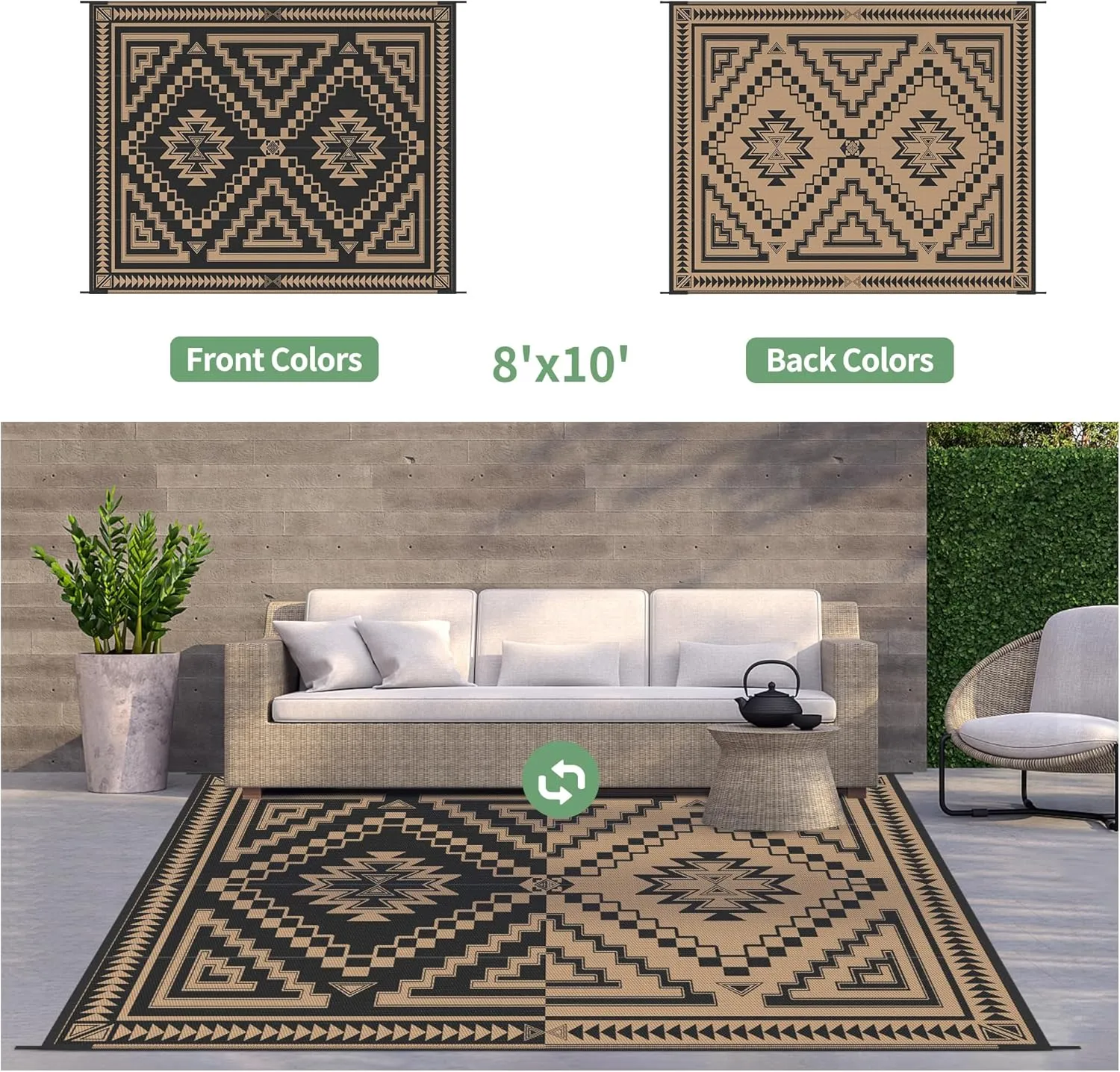 GENIMO Outdoor Rug for Patio Clearance - 8x10 ft Waterproof Plastic Camping Rugs, Reversible Outside Rv Mat Carpet for Porch, Deck, Picnic, Balcony, Beach, Backyard, Black Brown