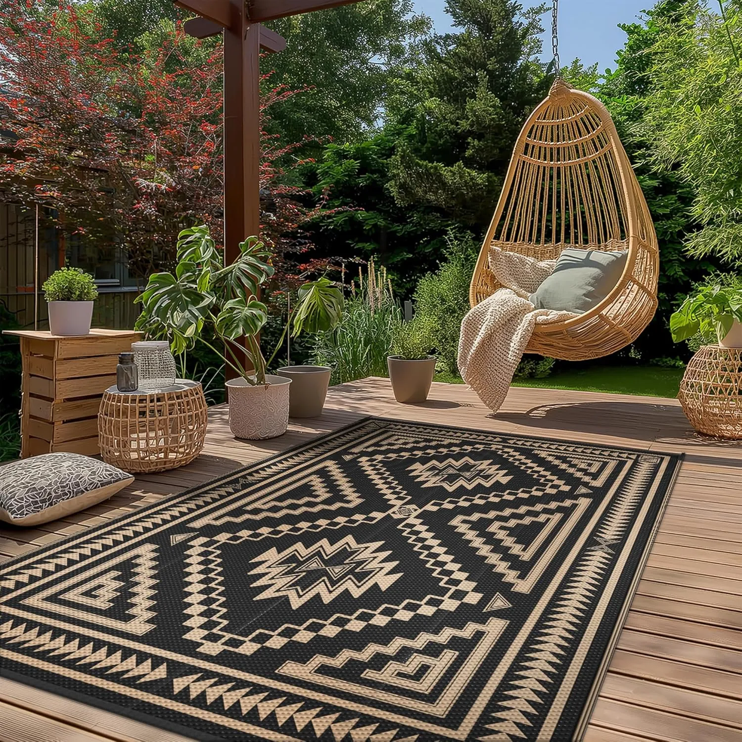 GENIMO Outdoor Rug for Patio Clearance - 8x10 ft Waterproof Plastic Camping Rugs, Reversible Outside Rv Mat Carpet for Porch, Deck, Picnic, Balcony, Beach, Backyard, Black Brown