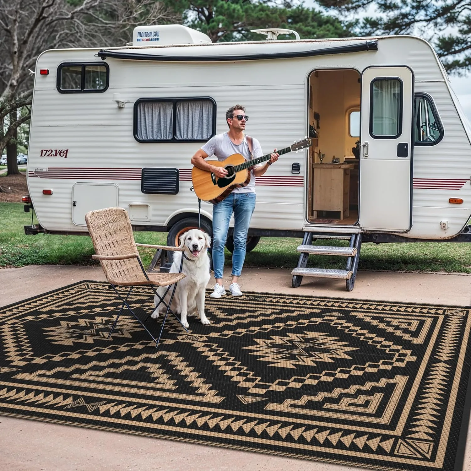 GENIMO Outdoor Rug for Patio Clearance - 8x10 ft Waterproof Plastic Camping Rugs, Reversible Outside Rv Mat Carpet for Porch, Deck, Picnic, Balcony, Beach, Backyard, Black Brown