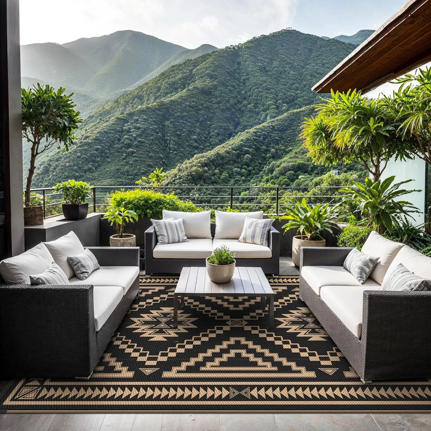 GENIMO Outdoor Rug for Patio Clearance - 8x10 ft Waterproof Plastic Camping Rugs, Reversible Outside Rv Mat Carpet for Porch, Deck, Picnic, Balcony, Beach, Backyard, Black Brown