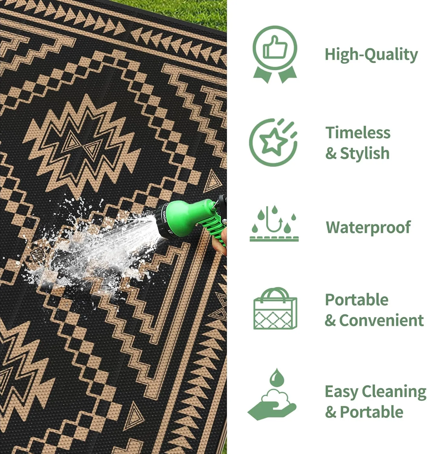 GENIMO Outdoor Rug for Patio Clearance - 8x10 ft Waterproof Plastic Camping Rugs, Reversible Outside Rv Mat Carpet for Porch, Deck, Picnic, Balcony, Beach, Backyard, Black Brown
