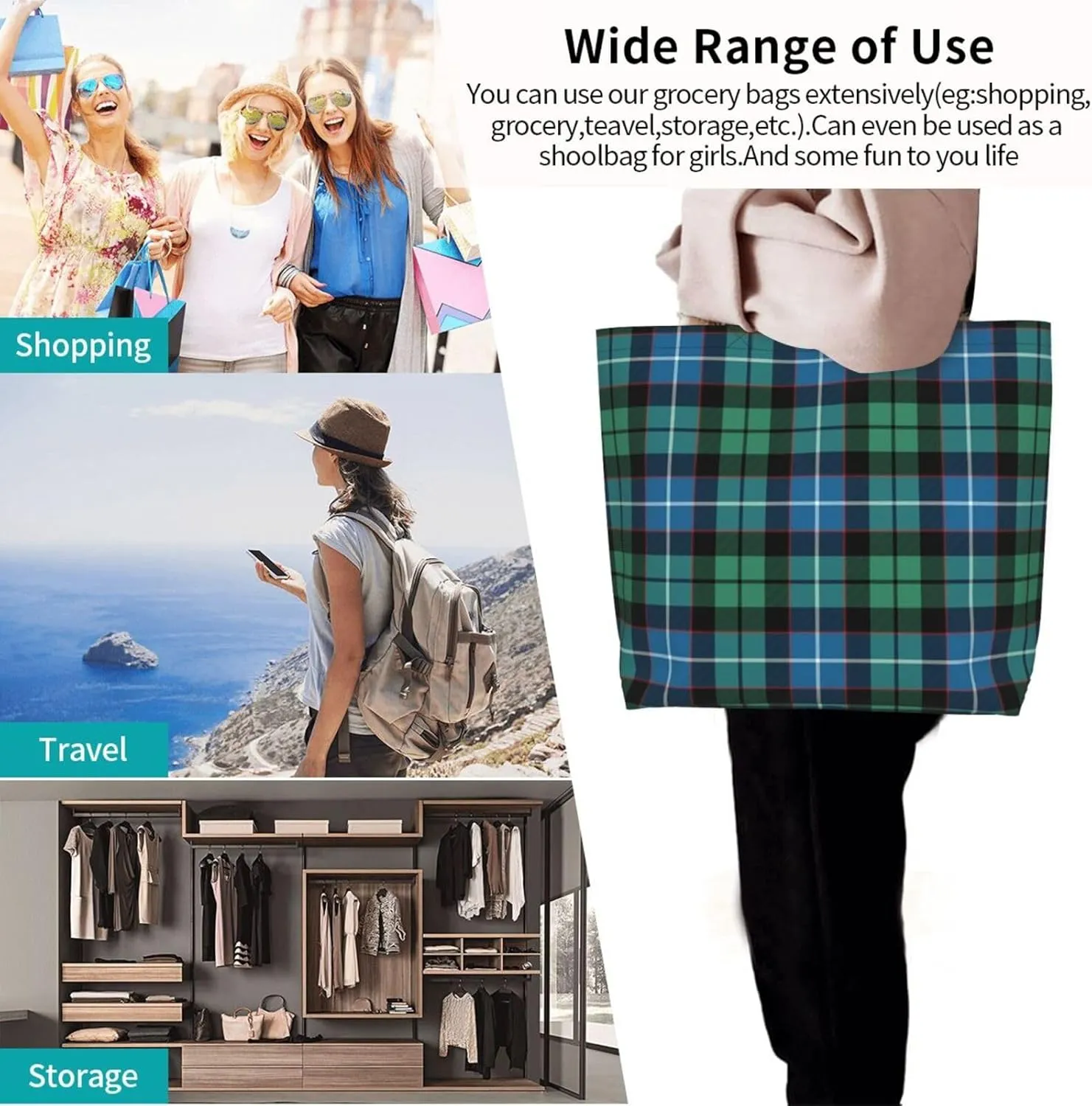 Georgia Tartan Tote Bag For Women Weekender Travel Bag Reusable Grocery Bags Large Totes Handbags