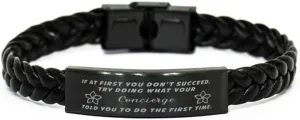 GIFTVILLE & SURPRISE Concierge Braided Leather Bracelet, If at first you don't succeed, try doing what your athletic trainer told you to do the first time., Laser Engraved, Stainless Steel Wristband