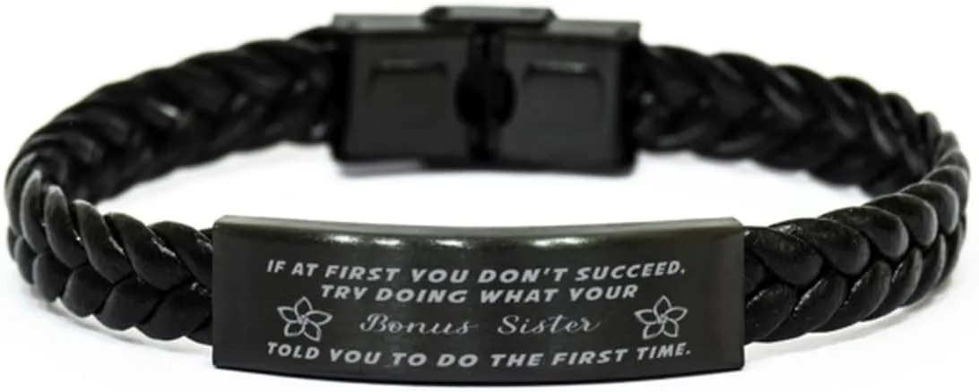 GIFTVILLE & SURPRISE Sister Braided Leather Bracelet, If at first you don't succeed, try doing what your athletic trainer told you to do the first time., Laser Engraved, Stainless Steel Wristband