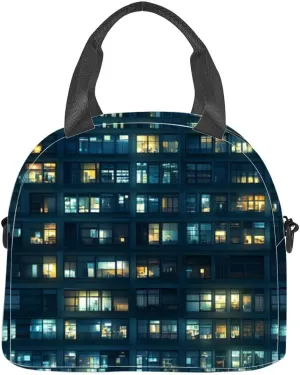 glass facade building night tile modern skyscraper urban city cloud Insulated Adult Lunch Bag with Shoulder Strap for Women Lightweight Reusable Portable Freezable Lunch Tote Bag for Work Picnic