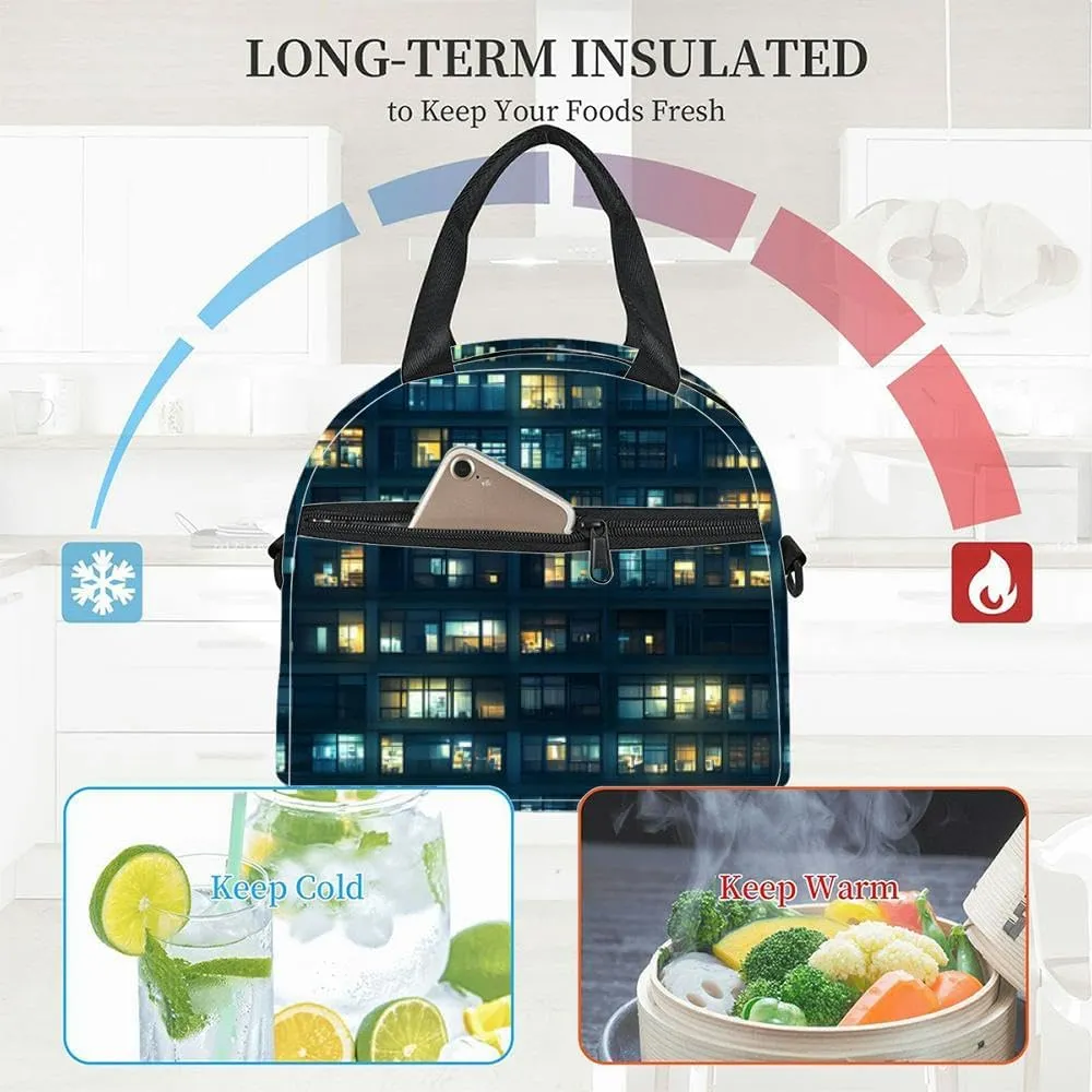 glass facade building night tile modern skyscraper urban city cloud Insulated Adult Lunch Bag with Shoulder Strap for Women Lightweight Reusable Portable Freezable Lunch Tote Bag for Work Picnic