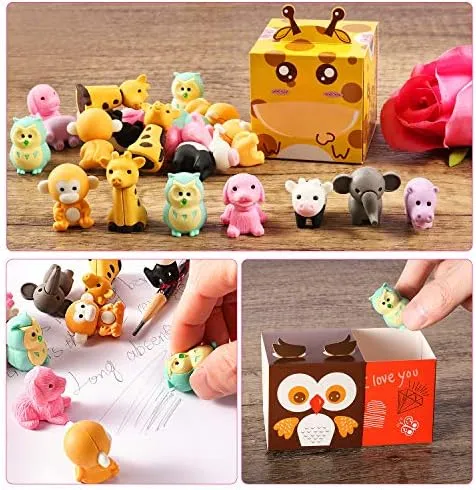 GLOCITI Valentines Day Cards for Kids 28 Pack 3D Animal Box with Puzzle Erasers - Perfect DIY Valentines Cards for Classroom School Games & Valentine Party Favors for Kids