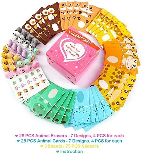 GLOCITI Valentines Day Cards for Kids 28 Pack 3D Animal Box with Puzzle Erasers - Perfect DIY Valentines Cards for Classroom School Games & Valentine Party Favors for Kids
