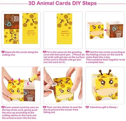 GLOCITI Valentines Day Cards for Kids 28 Pack 3D Animal Box with Puzzle Erasers - Perfect DIY Valentines Cards for Classroom School Games & Valentine Party Favors for Kids
