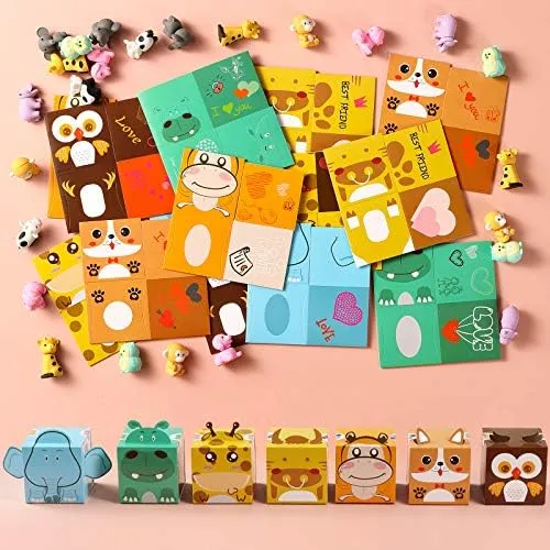 GLOCITI Valentines Day Cards for Kids 28 Pack 3D Animal Box with Puzzle Erasers - Perfect DIY Valentines Cards for Classroom School Games & Valentine Party Favors for Kids