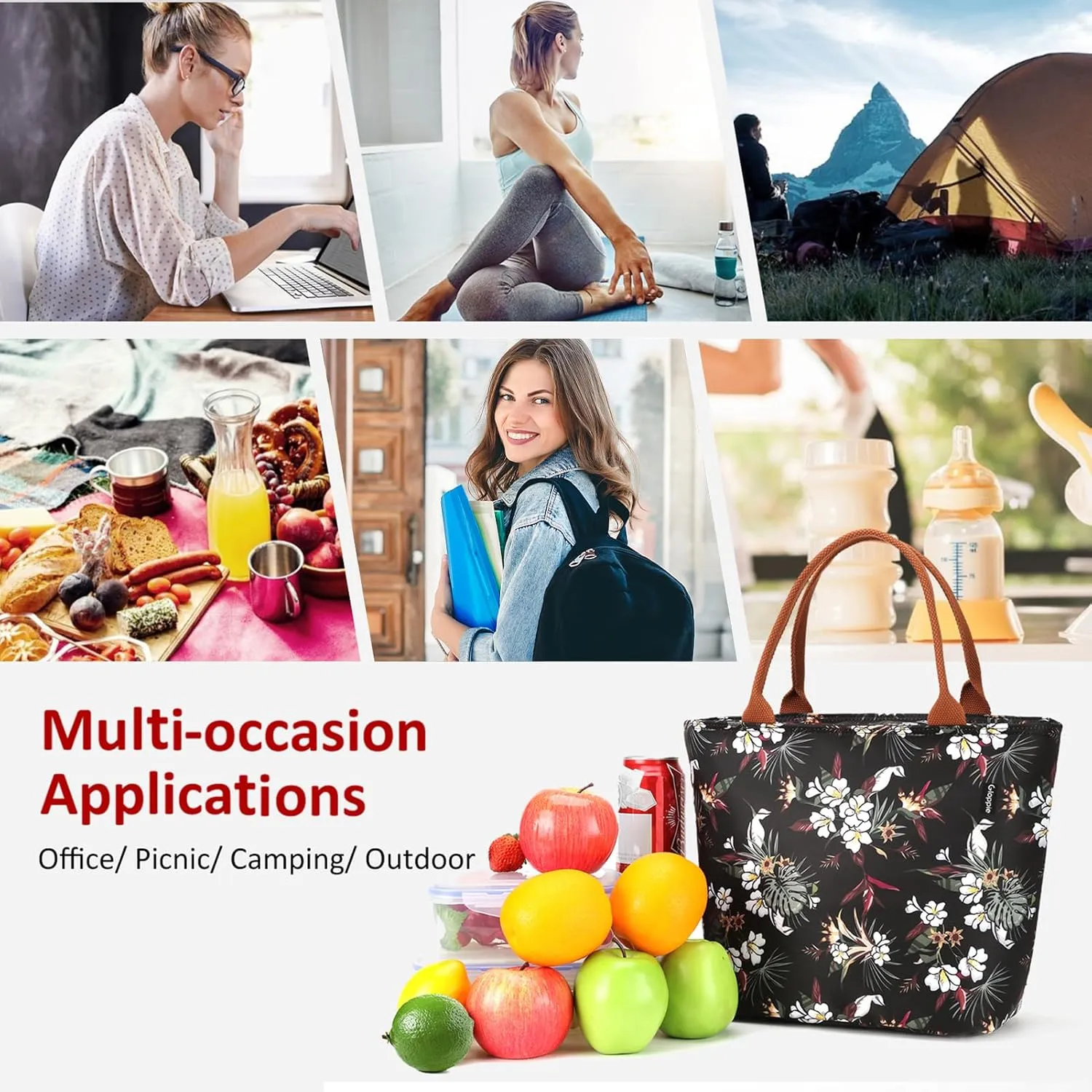 Gloppie Lunch Bag Women Insulated Lunch Box for Women Leakproof Lunch Tote White Flower