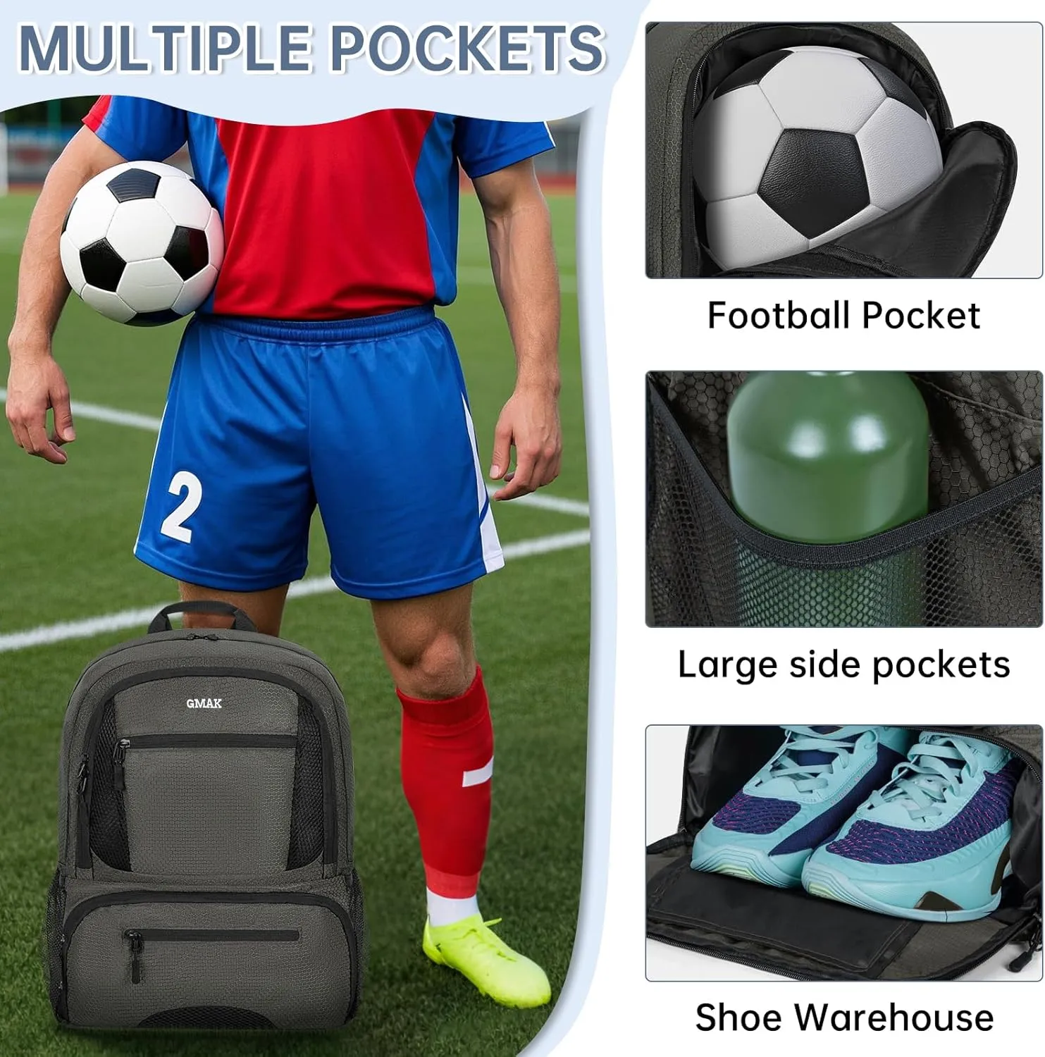 GMAK Soccer Backpack, Soccer Bag with Ball Compartment & Shoe Compartment for Football, Basketball, Volleyball, Water resistant Sport Equipment Bags, Lightweight Training Package for Youth, Grey