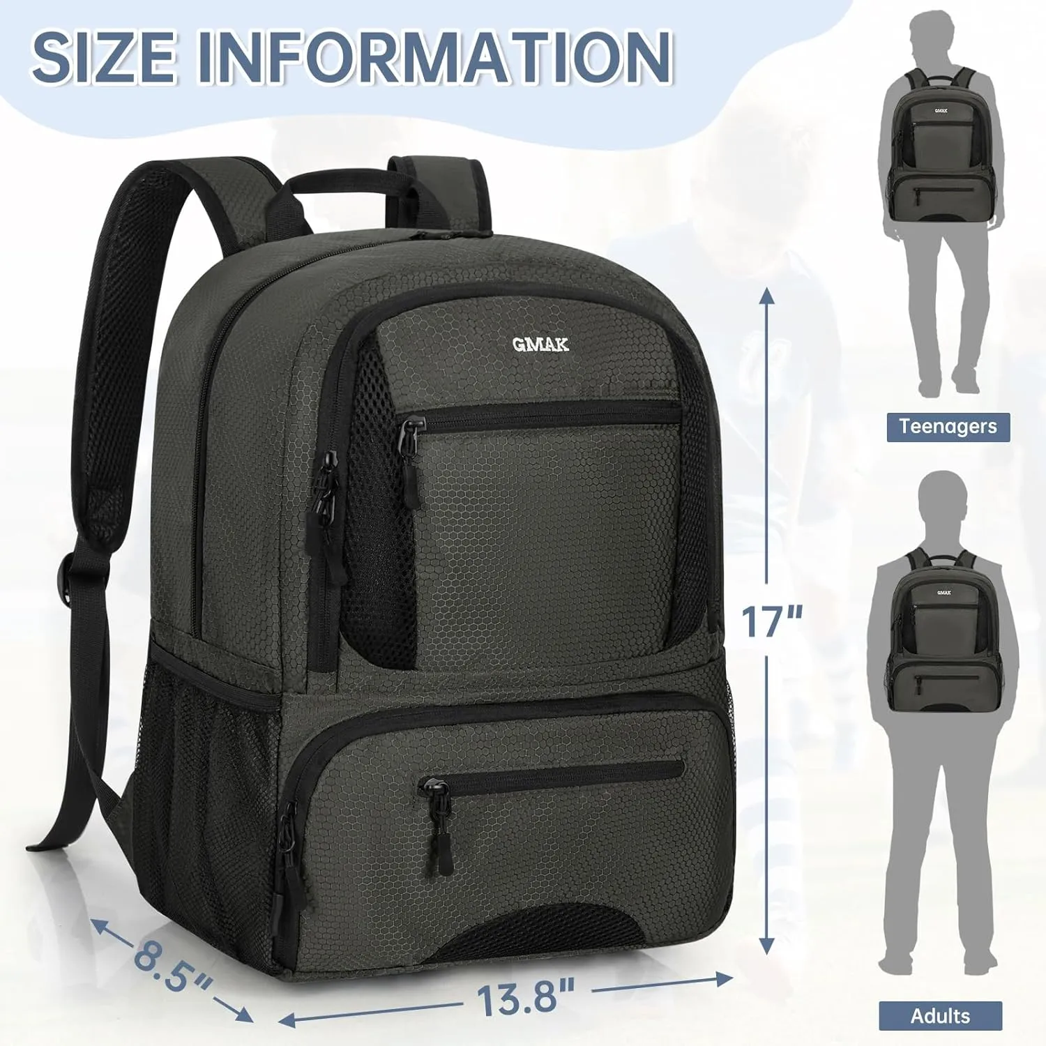 GMAK Soccer Backpack, Soccer Bag with Ball Compartment & Shoe Compartment for Football, Basketball, Volleyball, Water resistant Sport Equipment Bags, Lightweight Training Package for Youth, Grey