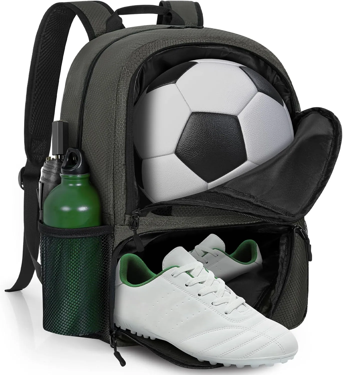 GMAK Soccer Backpack, Soccer Bag with Ball Compartment & Shoe Compartment for Football, Basketball, Volleyball, Water resistant Sport Equipment Bags, Lightweight Training Package for Youth, Grey