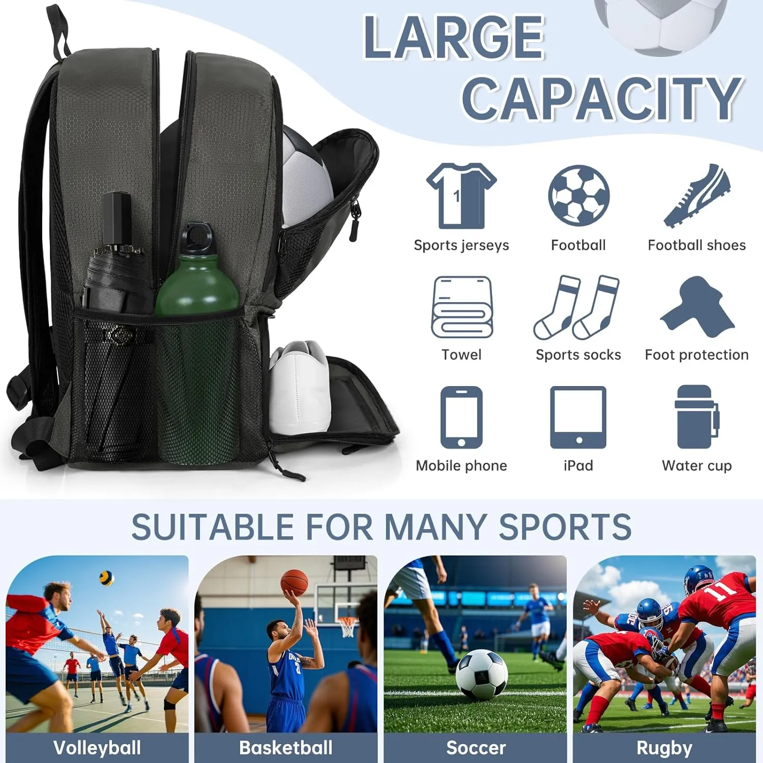 GMAK Soccer Backpack, Soccer Bag with Ball Compartment & Shoe Compartment for Football, Basketball, Volleyball, Water resistant Sport Equipment Bags, Lightweight Training Package for Youth, Grey
