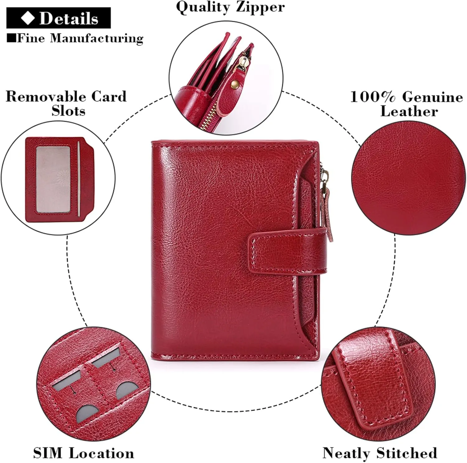 GOIACII Small Women Wallet Genuine Leather RFID Blocking Bifold Zipper Pocket Card Holder with ID Window