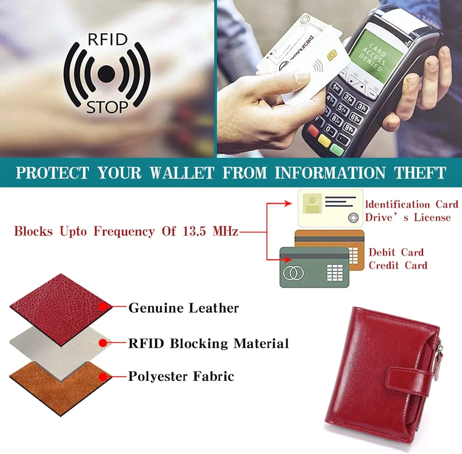 GOIACII Small Women Wallet Genuine Leather RFID Blocking Bifold Zipper Pocket Card Holder with ID Window