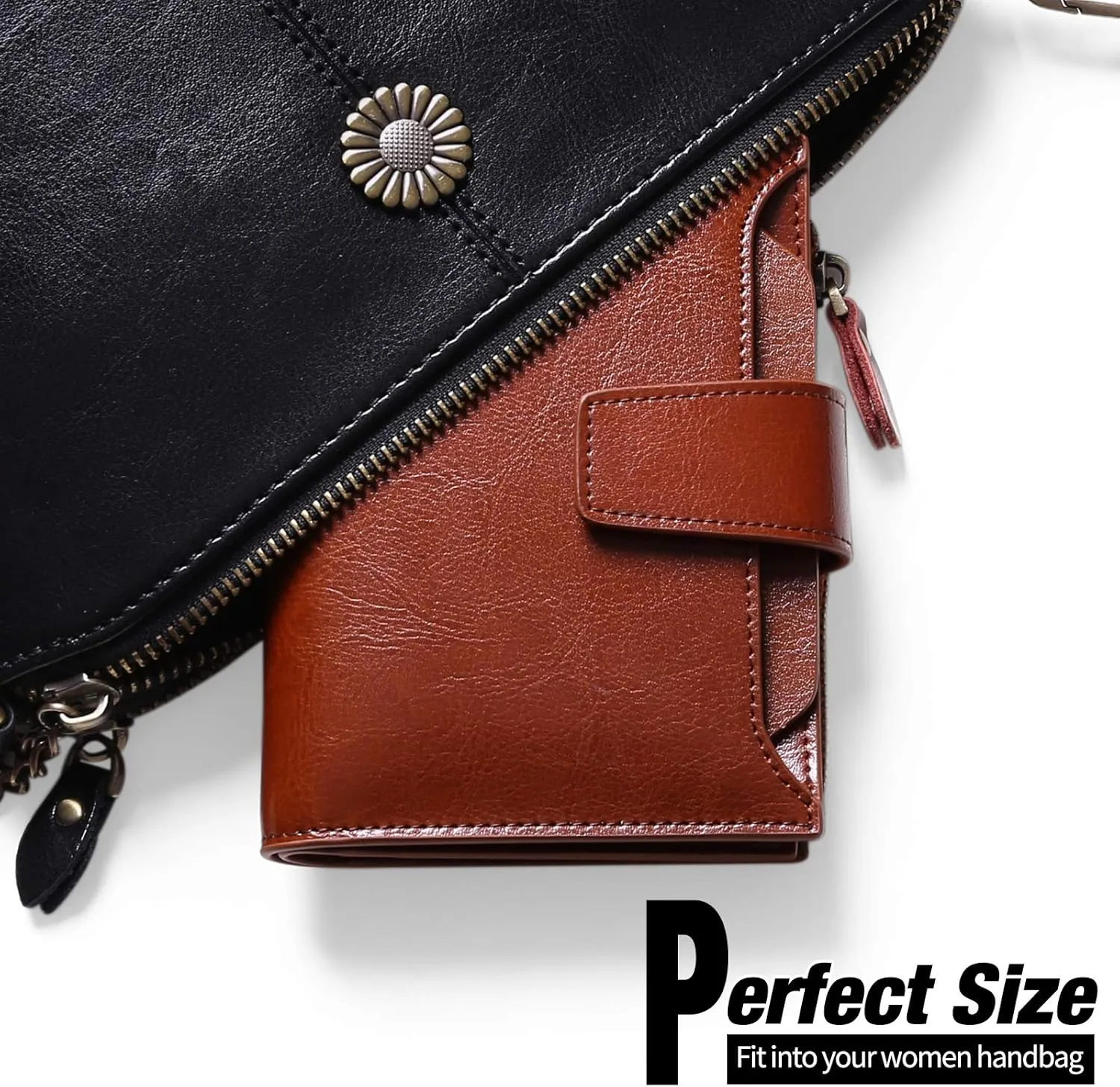 GOIACII Small Women Wallet Genuine Leather RFID Blocking Bifold Zipper Pocket Card Holder with ID Window