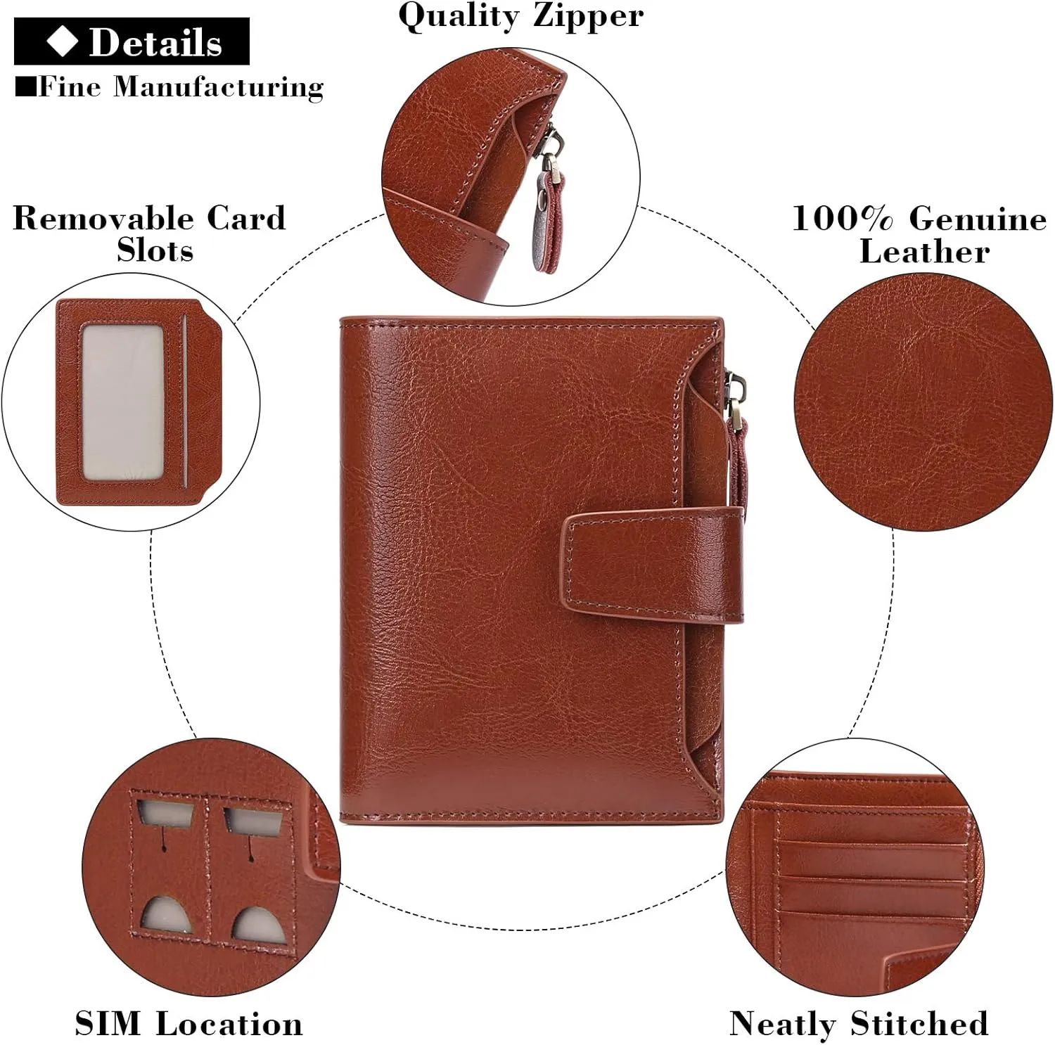 GOIACII Small Women Wallet Genuine Leather RFID Blocking Bifold Zipper Pocket Card Holder with ID Window