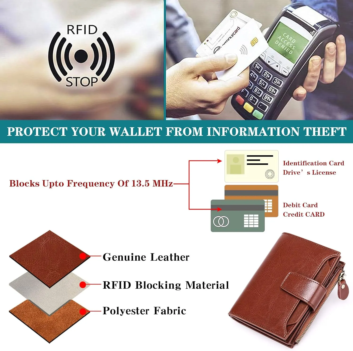 GOIACII Small Women Wallet Genuine Leather RFID Blocking Bifold Zipper Pocket Card Holder with ID Window
