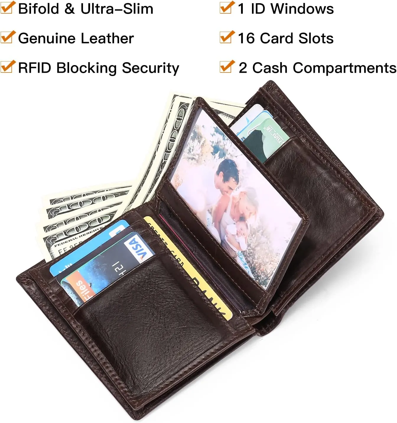 GOIACII Wallets for Men Large Capacity Genuine Leather RFID Mens Bifold Wallet with 16 Card Slots
