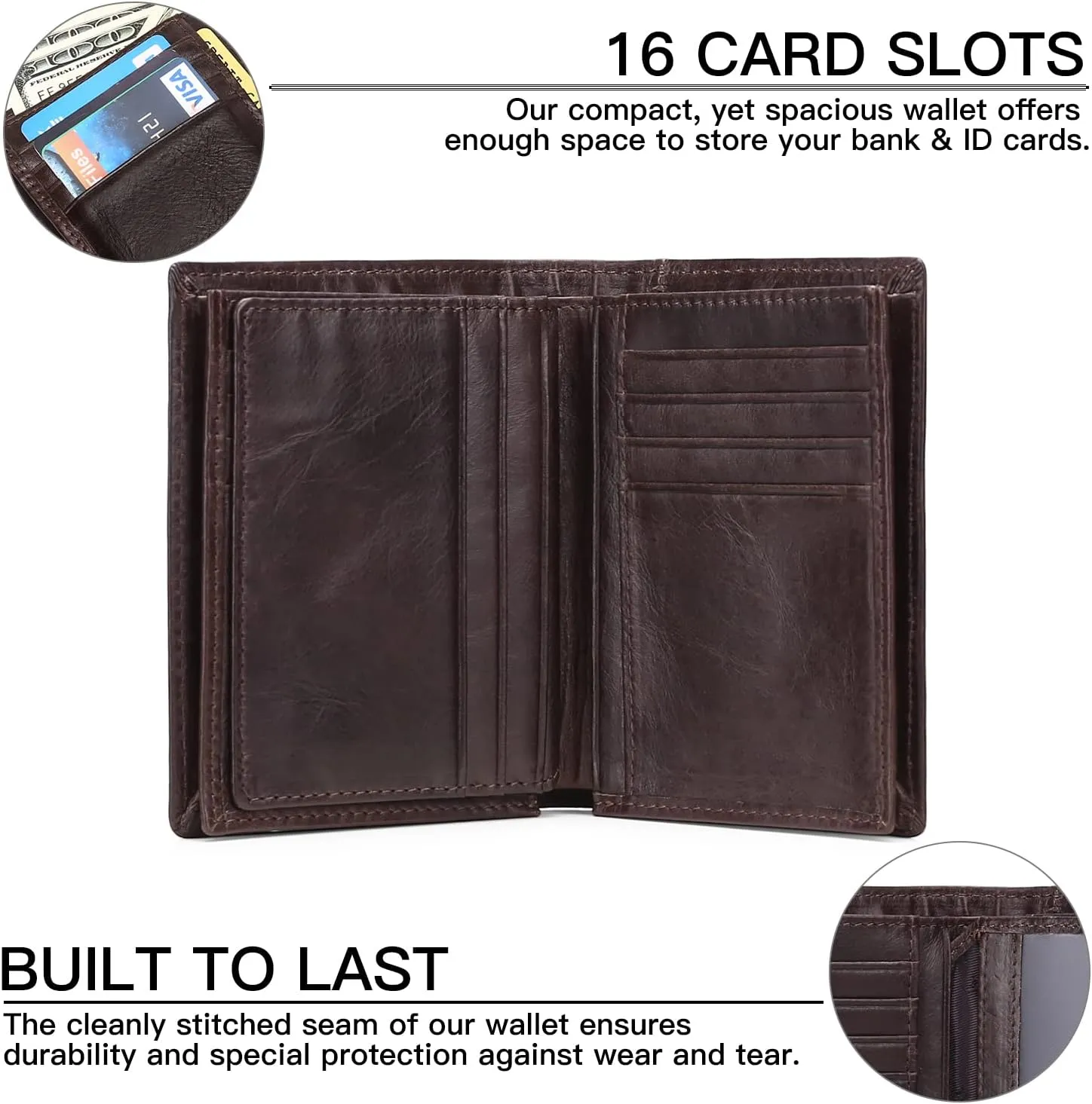 GOIACII Wallets for Men Large Capacity Genuine Leather RFID Mens Bifold Wallet with 16 Card Slots