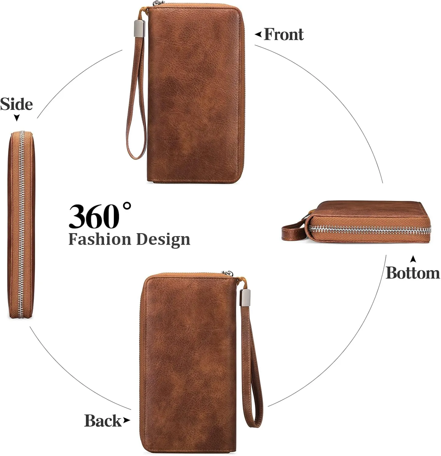 GOIACII Womens Wallet RFID Blocking Leather Zip Around Wallet Large Capacity Long Purse Credit Card Clutch Wristlet
