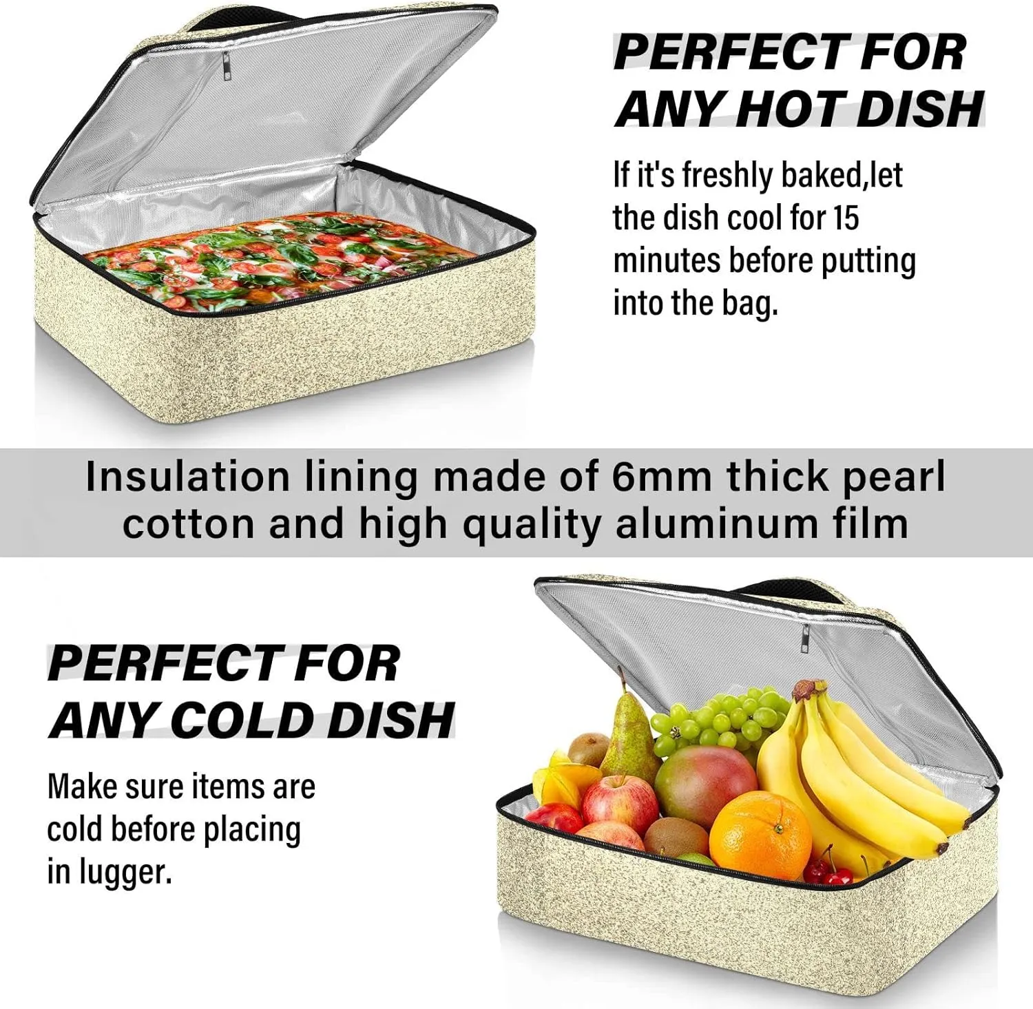 Gold Golden Glitter and Glare Pattern Reusable Insulated Pizza Bag, Waterproof Food Delivery Bag, with Handle Lid Leakproof Pizza Holder Tote for Hot or Cold Food