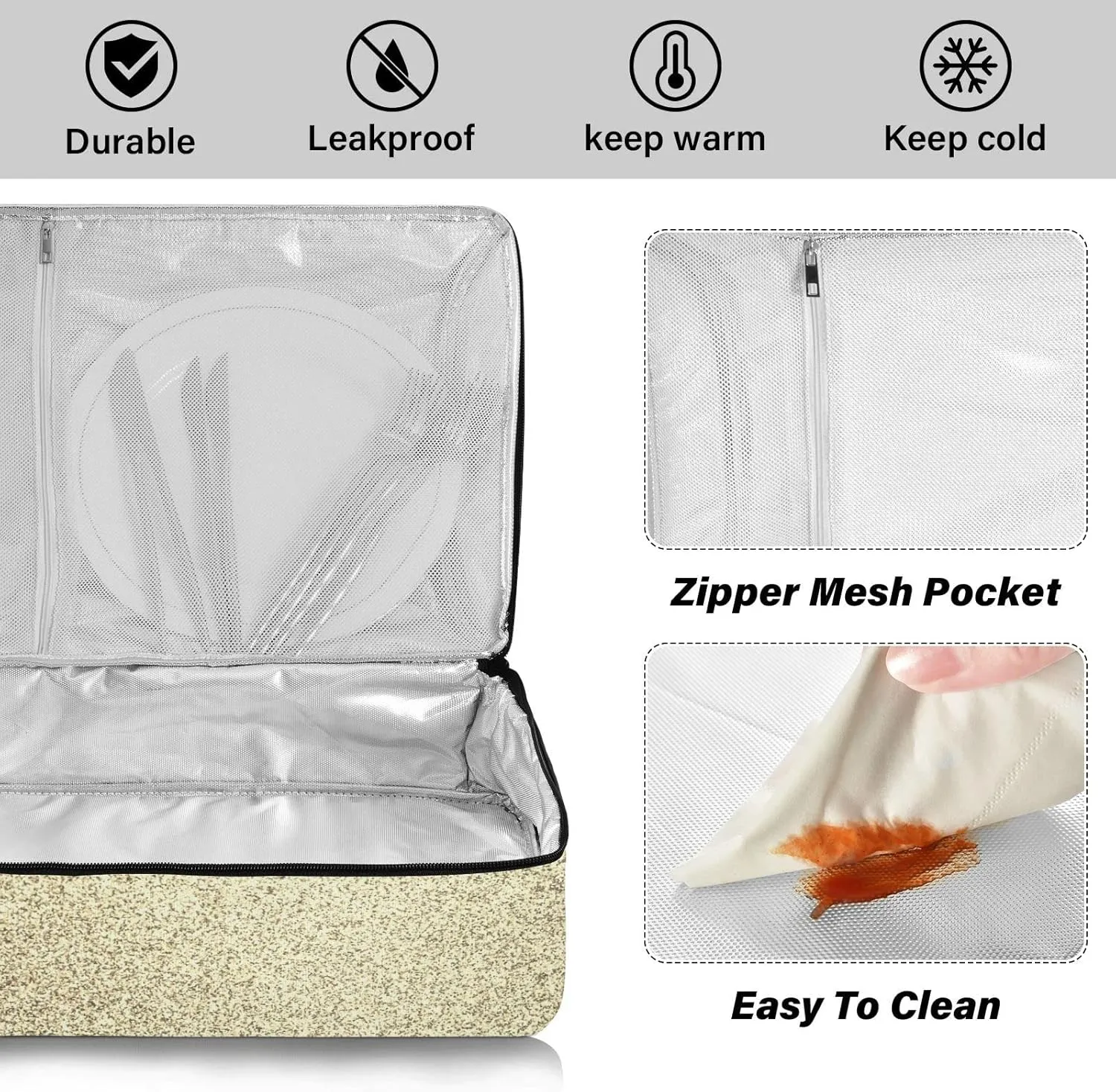 Gold Golden Glitter and Glare Pattern Reusable Insulated Pizza Bag, Waterproof Food Delivery Bag, with Handle Lid Leakproof Pizza Holder Tote for Hot or Cold Food