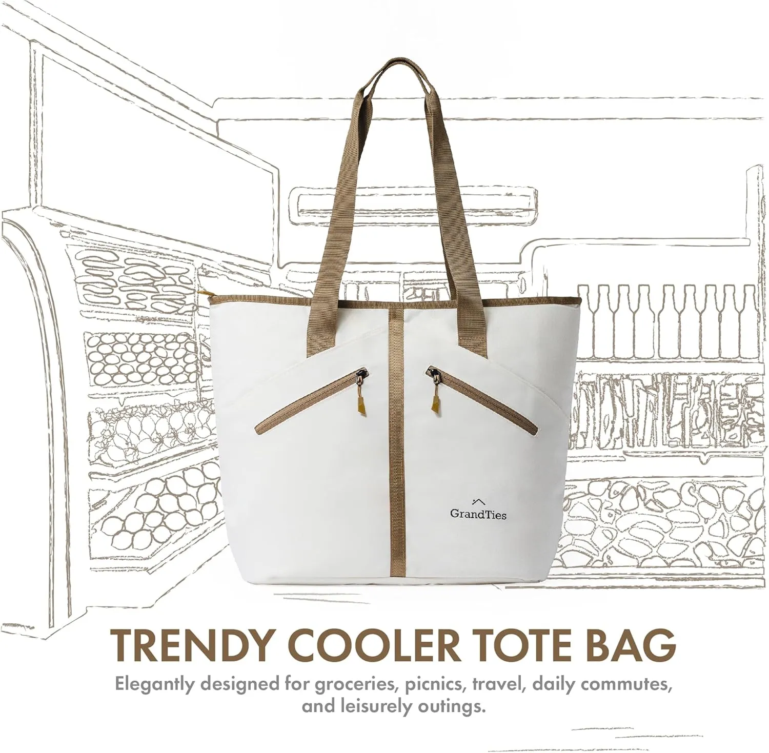 GrandTies Insulated Cooler Bag - Large 30 Can Cooler with Zipper, Leakproof Grocery & Picnic Bag, Ivory