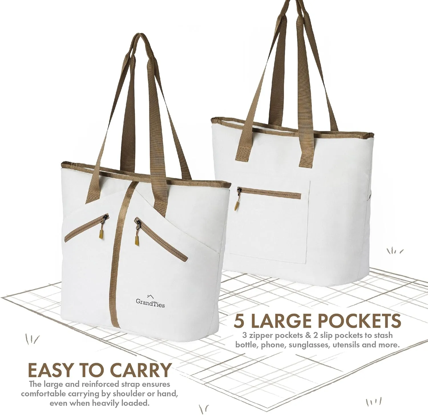 GrandTies Insulated Cooler Bag - Large 30 Can Cooler with Zipper, Leakproof Grocery & Picnic Bag, Ivory