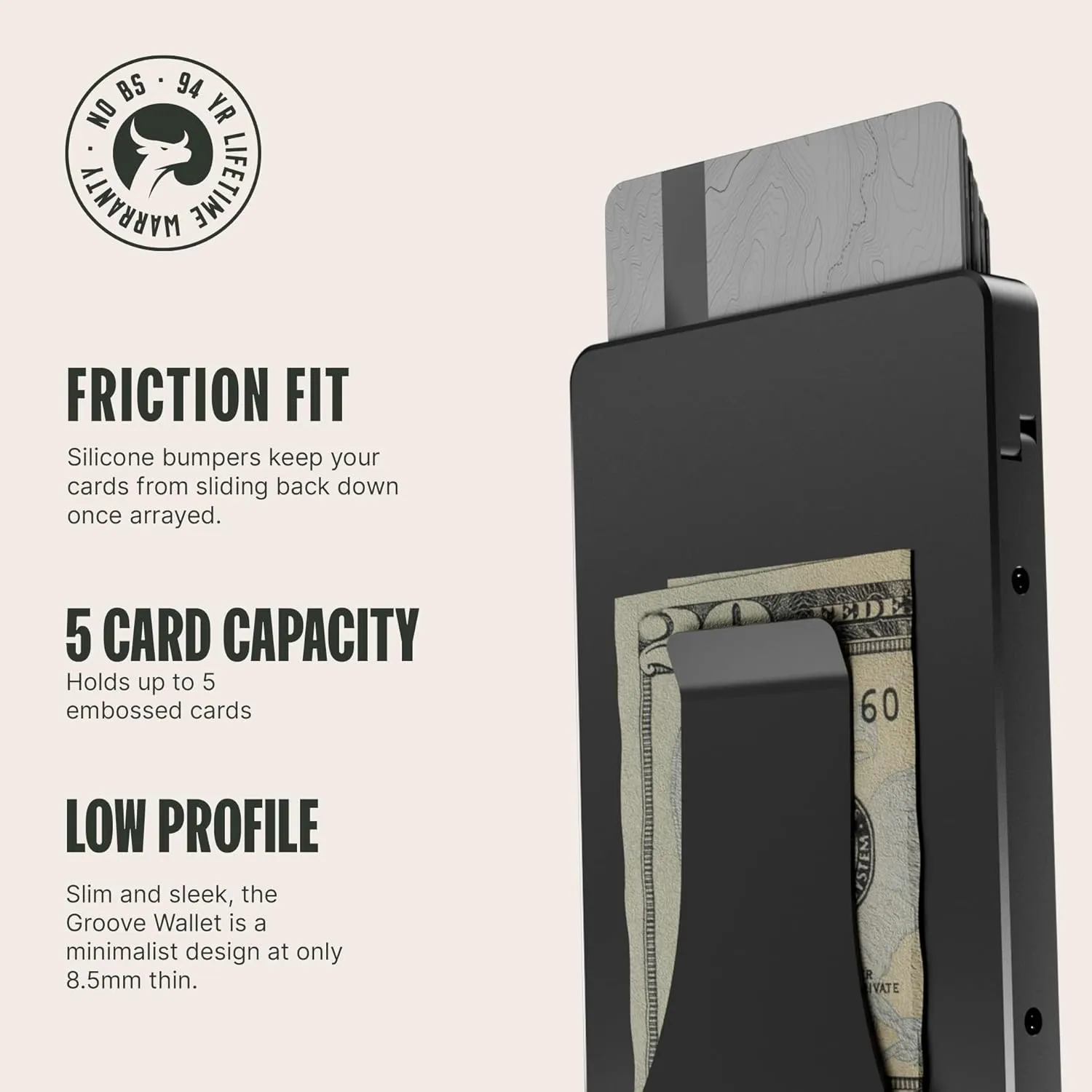 Groove Life Groove Wallet Midnight Black with Money Clip Men's Minimalist Low Profile Aluminum Credit Card Holder with Magnetic Thumb Swipe, RFID Blocking, Lifetime Coverage