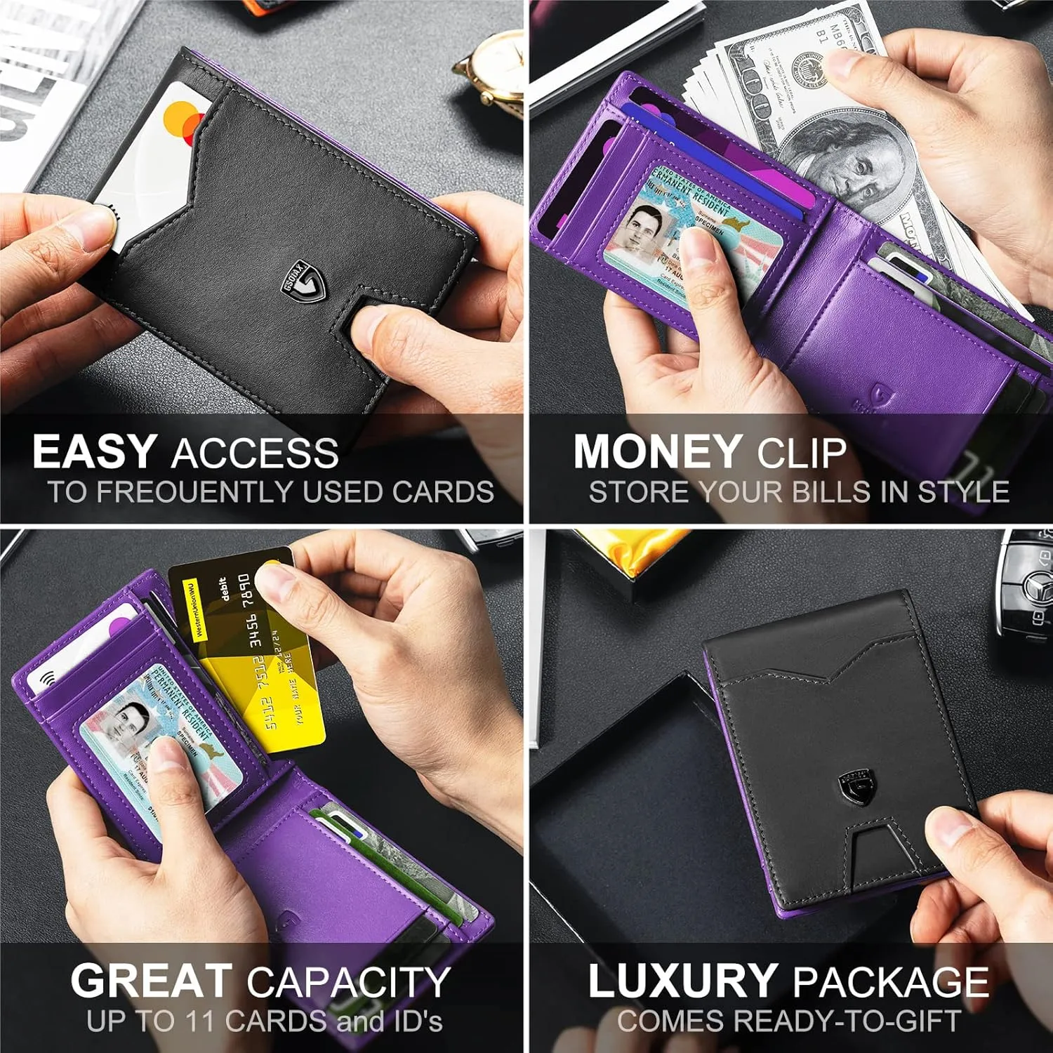 GSOIAX Mens Slim Wallet for Men Minimalist Genuine Leather Carbon Fiber Rfid Blocking Cowhide Bifold Credit Card Holder With Gift Box… (Black and Purple)