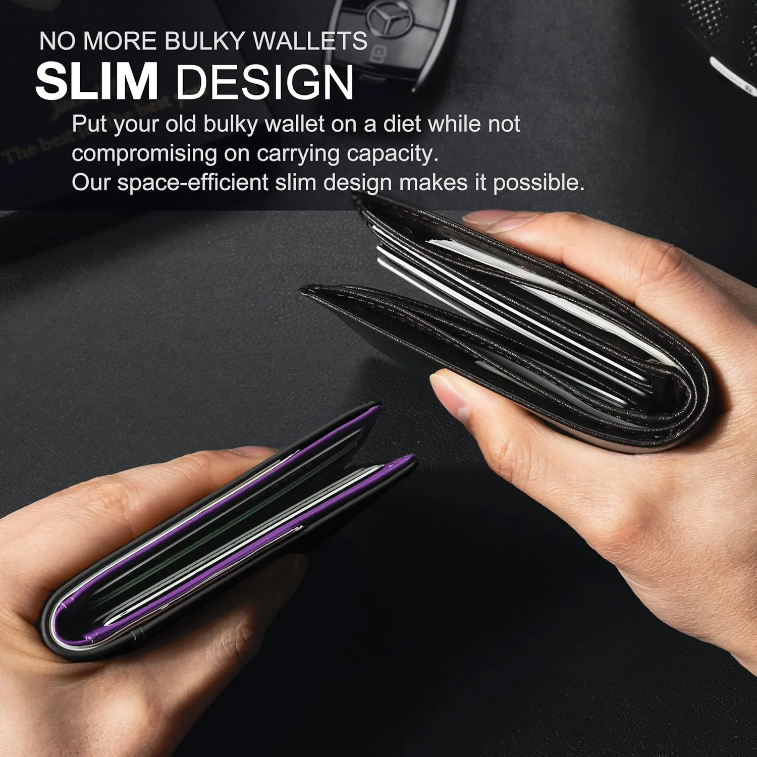GSOIAX Mens Slim Wallet for Men Minimalist Genuine Leather Carbon Fiber Rfid Blocking Cowhide Bifold Credit Card Holder With Gift Box… (Black and Purple)
