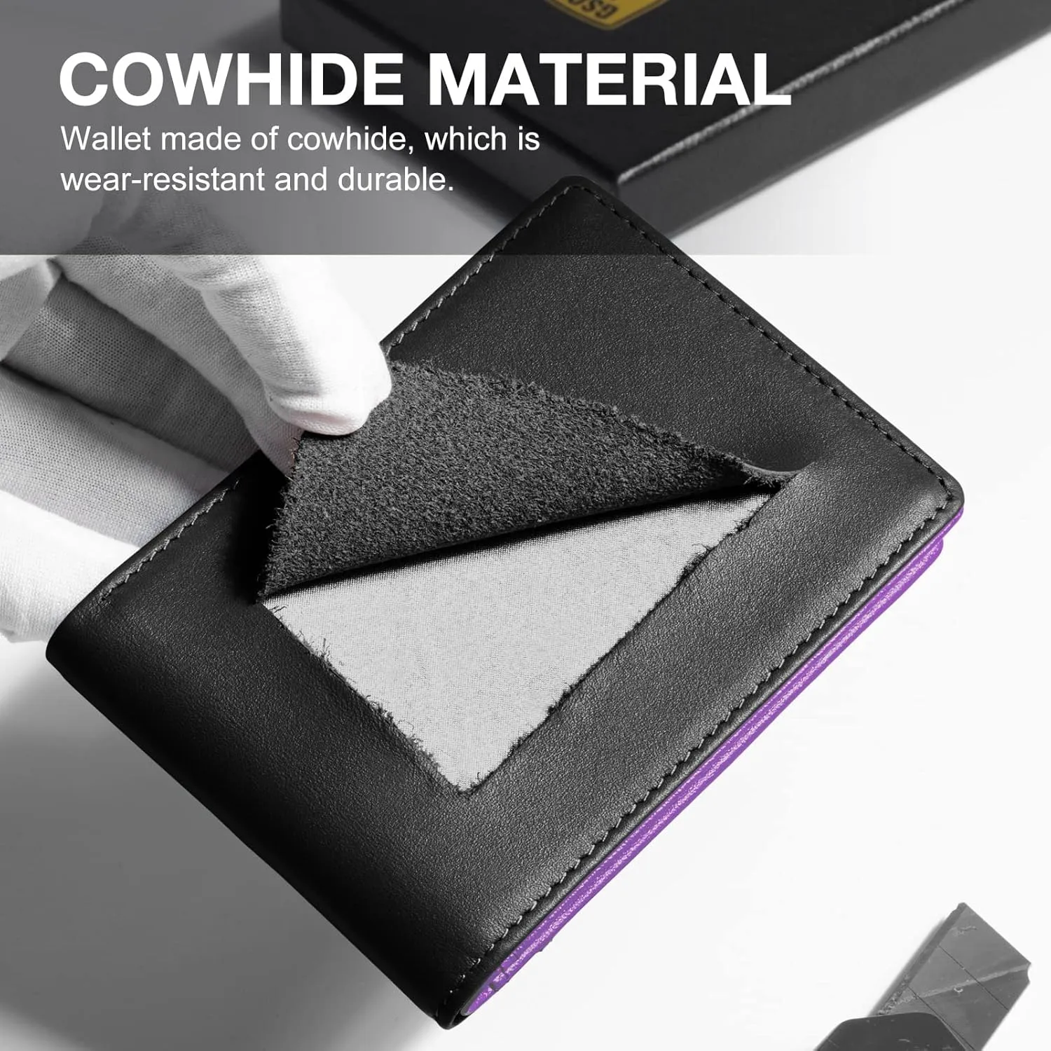GSOIAX Mens Slim Wallet for Men Minimalist Genuine Leather Carbon Fiber Rfid Blocking Cowhide Bifold Credit Card Holder With Gift Box… (Black and Purple)