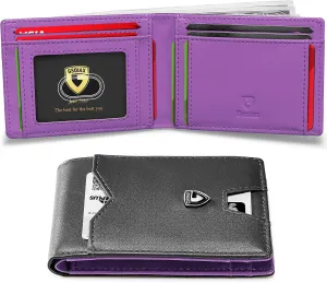 GSOIAX Mens Slim Wallet for Men Minimalist Genuine Leather Carbon Fiber Rfid Blocking Cowhide Bifold Credit Card Holder With Gift Box… (Black and Purple)