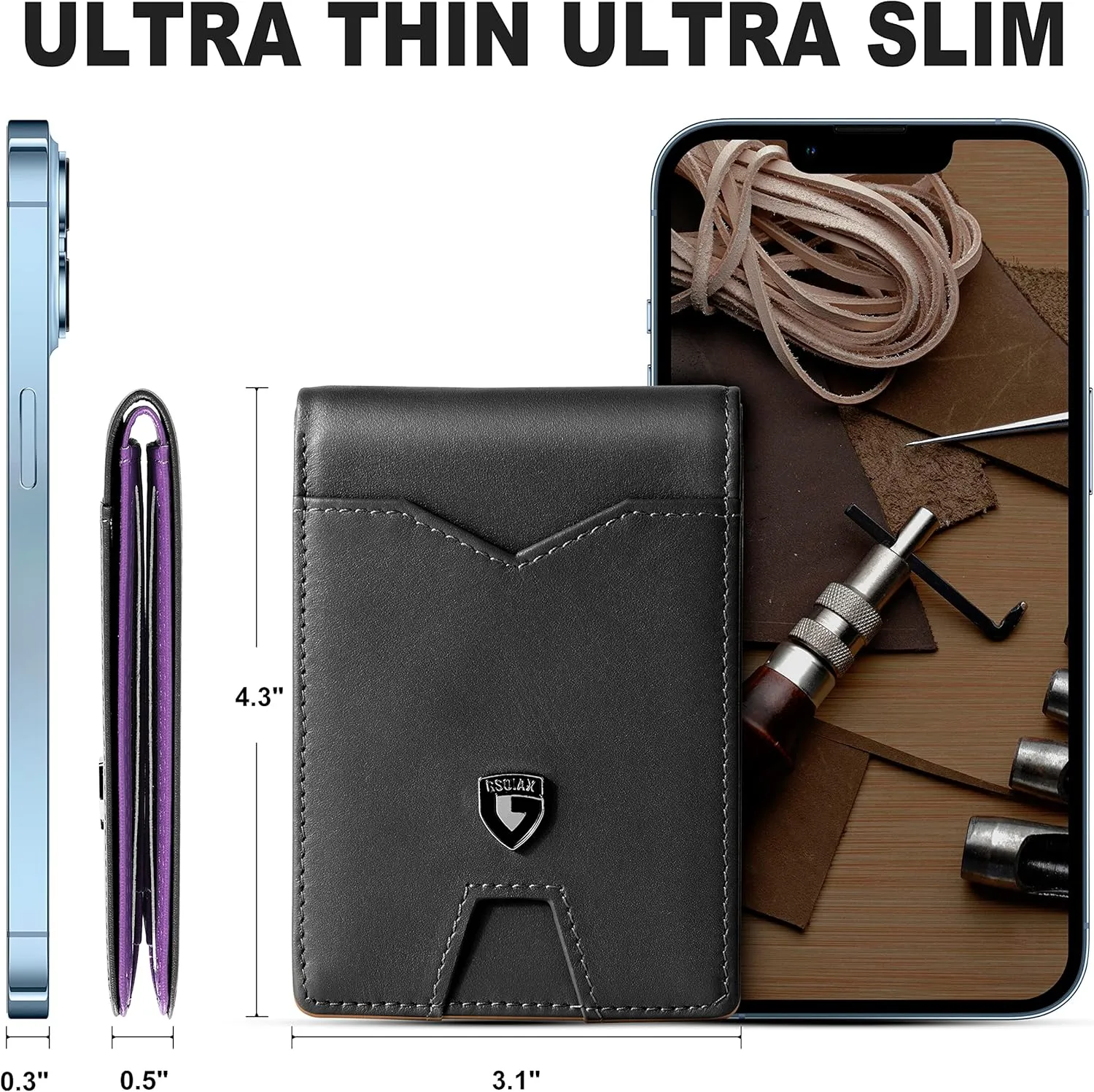 GSOIAX Mens Slim Wallet for Men Minimalist Genuine Leather Carbon Fiber Rfid Blocking Cowhide Bifold Credit Card Holder With Gift Box… (Black and Purple)
