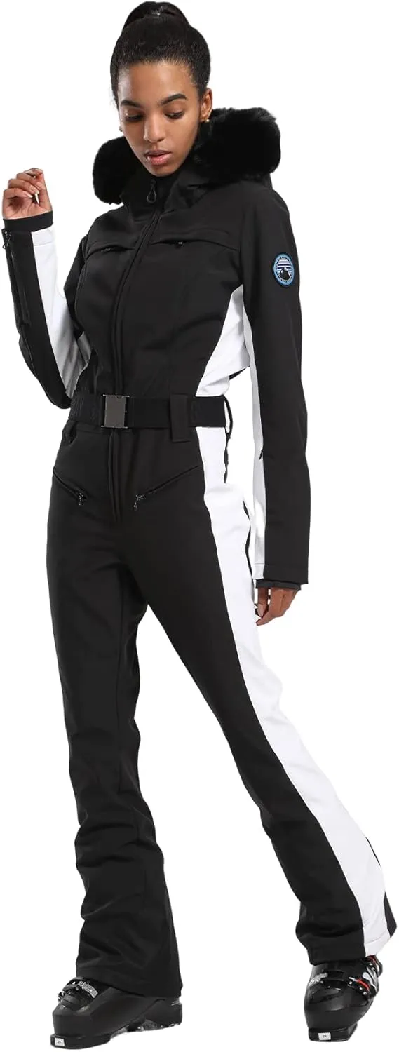 GSOU SNOW Ski Suit Womens One Piece Snowsuit Snowboard Jacket Slim Snow Jumpsuit Faux Fur Ski Outfit Waterproof Windproof