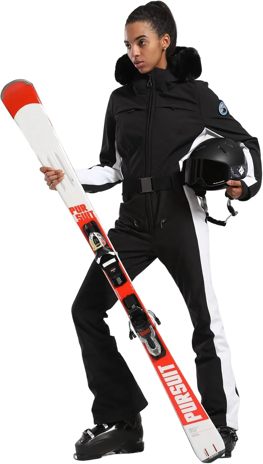 GSOU SNOW Ski Suit Womens One Piece Snowsuit Snowboard Jacket Slim Snow Jumpsuit Faux Fur Ski Outfit Waterproof Windproof