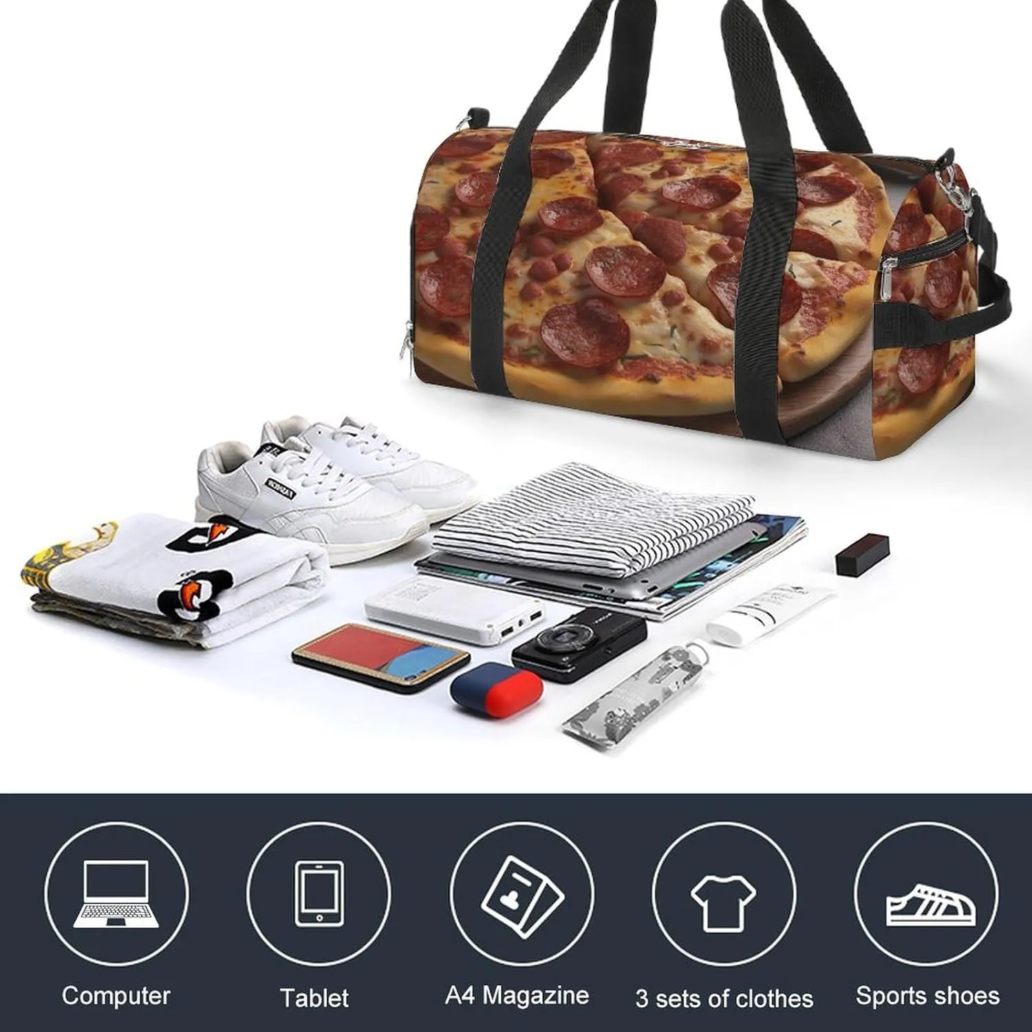 Gym Bag 3D Pizza Pepperoni Duffel Bag for Men Women Overnight Bag with Shoe Compartment Workout Bags