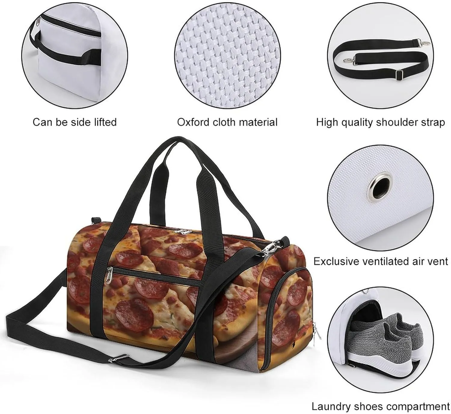 Gym Bag 3D Pizza Pepperoni Duffel Bag for Men Women Overnight Bag with Shoe Compartment Workout Bags