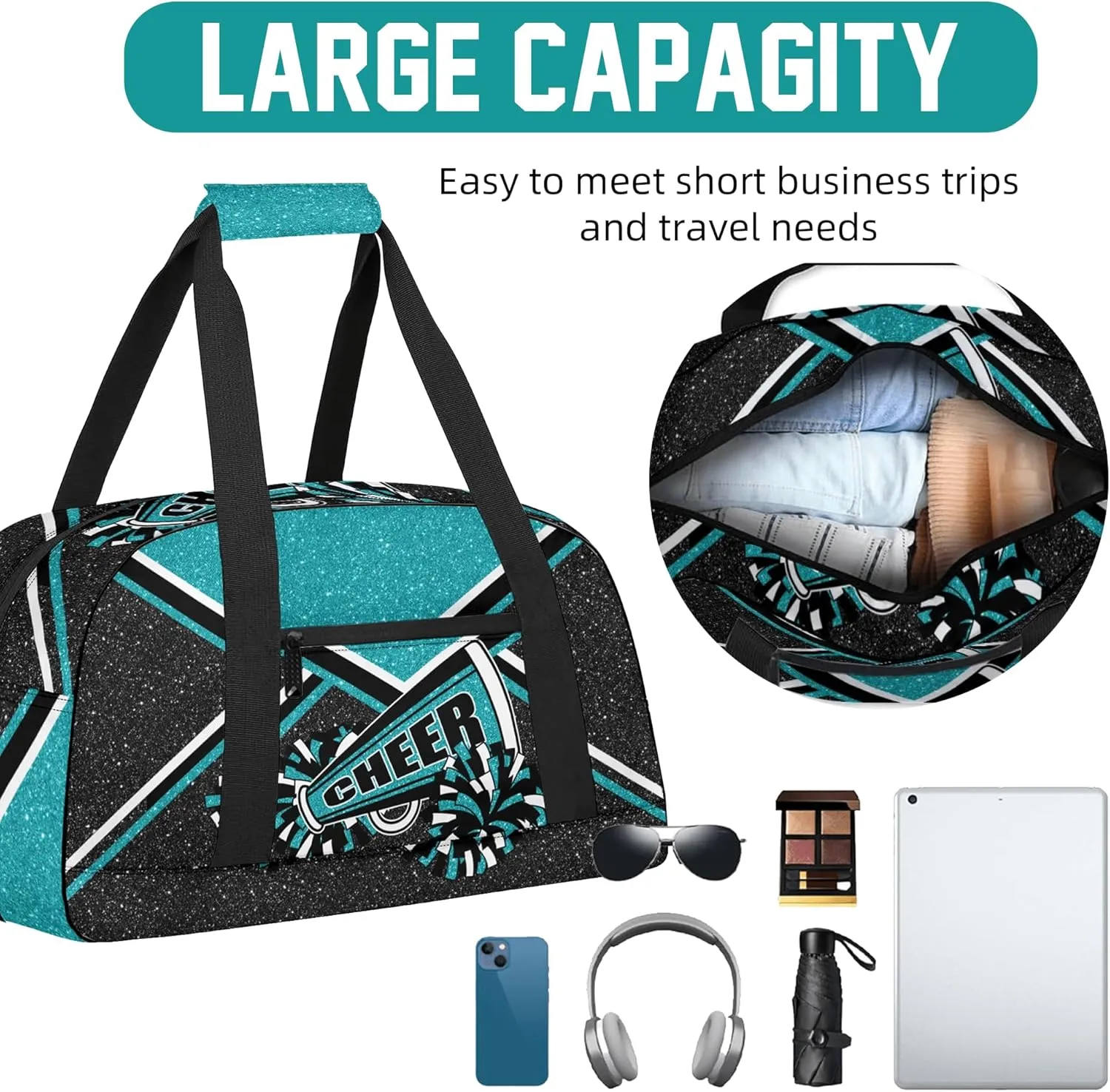 Gym Bag for Cheerleaders, Cheer Duffle Bag for Women, Carry on Weekender Bags, Travel Bag Cheerleading Duffel Bag (Teal)