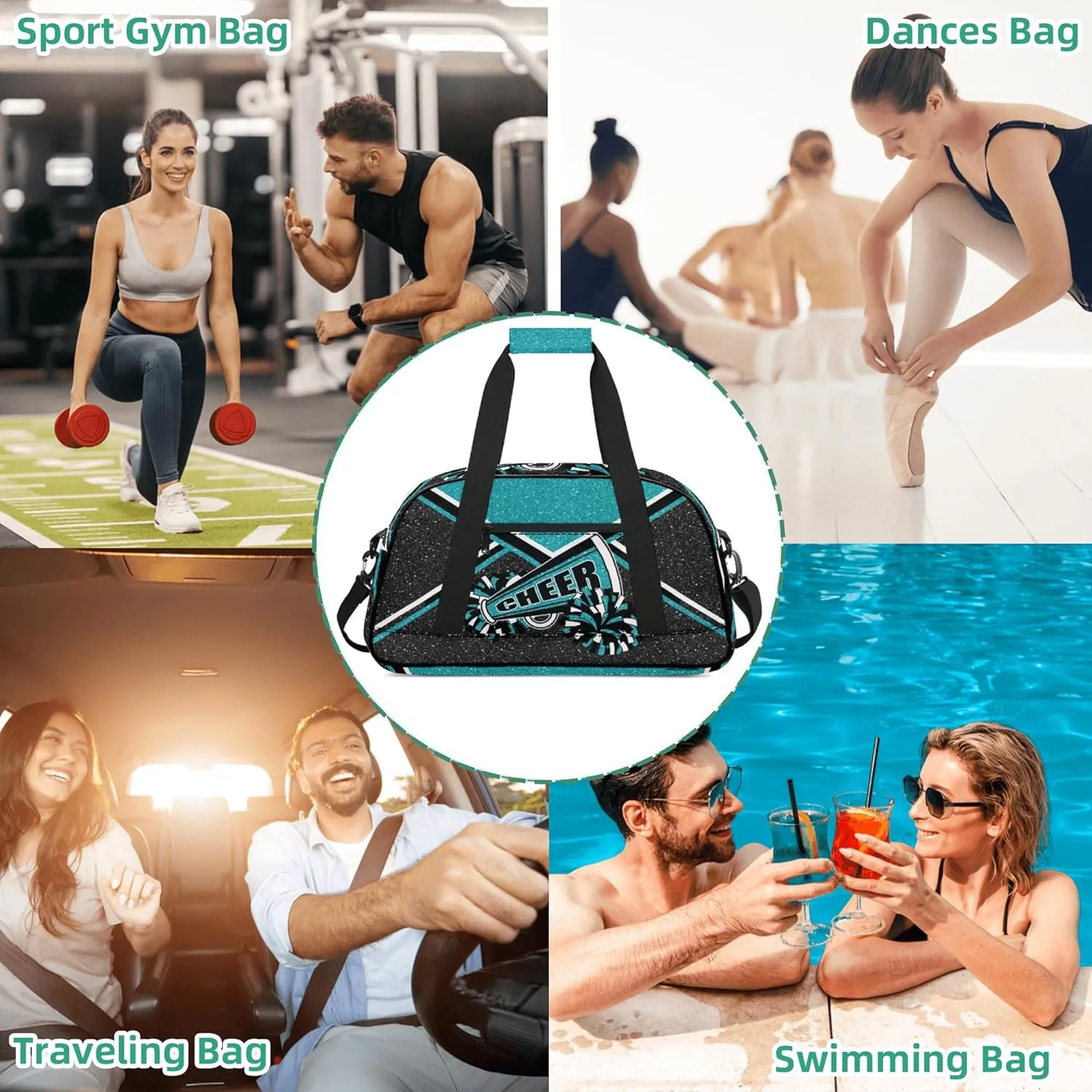 Gym Bag for Cheerleaders, Cheer Duffle Bag for Women, Carry on Weekender Bags, Travel Bag Cheerleading Duffel Bag (Teal)