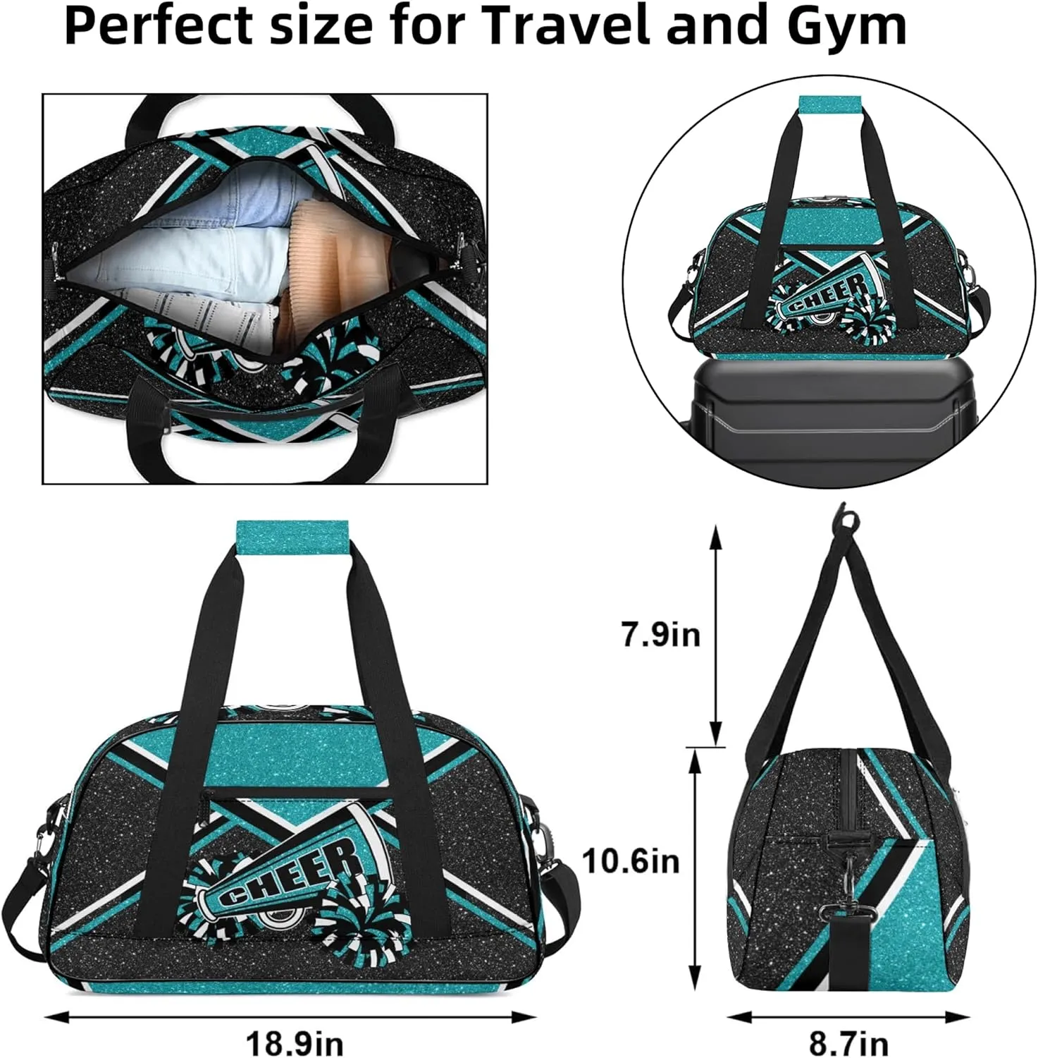 Gym Bag for Cheerleaders, Cheer Duffle Bag for Women, Carry on Weekender Bags, Travel Bag Cheerleading Duffel Bag (Teal)