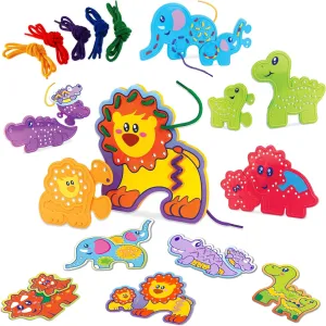 HAP-P-KID Montessori 20 Pieces Animal Puzzle Lacing Toys, Educational Learning Sewing Activity Threading with Laces, Educational Gifts for 3 4 5 6 Year Old Boys Girls Kids Toddler Preschool