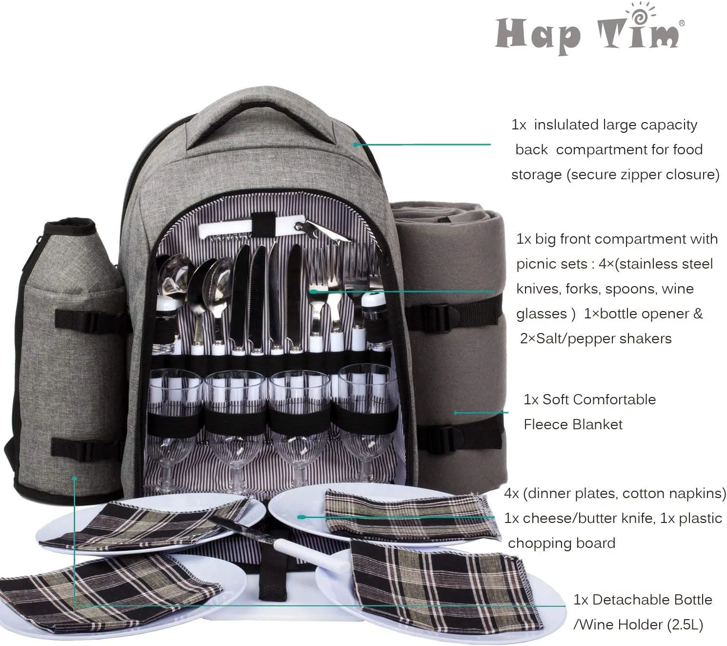Hap Tim Picnic Basket Backpack for 4 Person with Insulated Cooler Compartment, Wine Holder, Fleece Blanket, Cutlery Set, Engagement Gifts for Couples, Bridal Shower Gift, Wedding Registry Gifts (3263)