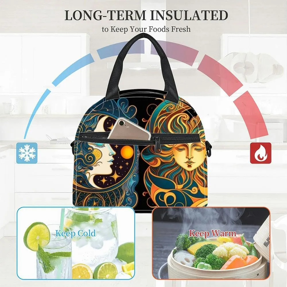 Happy abstract astral shape moon and sun art nouveau expressionism Insulated Adult Lunch Bag with Shoulder Strap for Women Lightweight Reusable Portable Freezable Lunch Tote Bag for Work Picnic