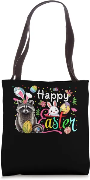 Happy Easter Raccoon Cosplay Bunny Floral Chocolate Eggs Tote Bag