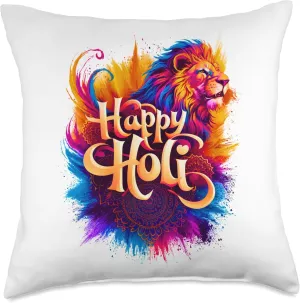 Happy Holi Festival Hindu India Lion Colors Family 2025 Kids Throw Pillow