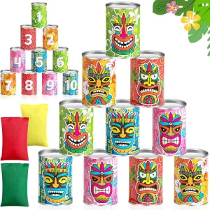 Hawaiian Tiki Can Toss Game Bean Bag Toss with 10 Tin Cans and 3 Bean Bag for Summer Luau Family Birthday Tropical Hawaii Aloha Indoors Outdoors Activities Party Supplies
